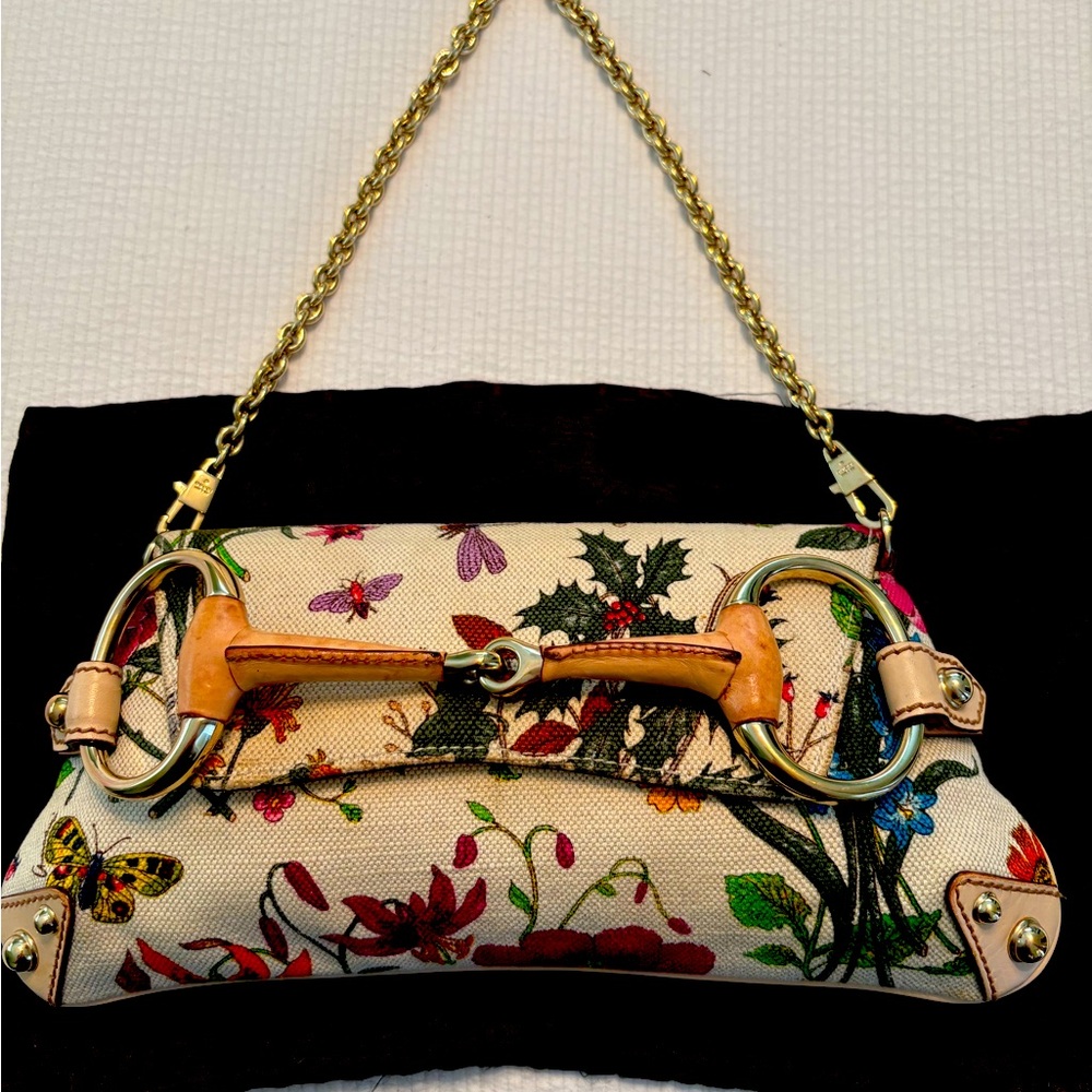Gucci Vintage Flora Horsebit Clutch with Gold Chain